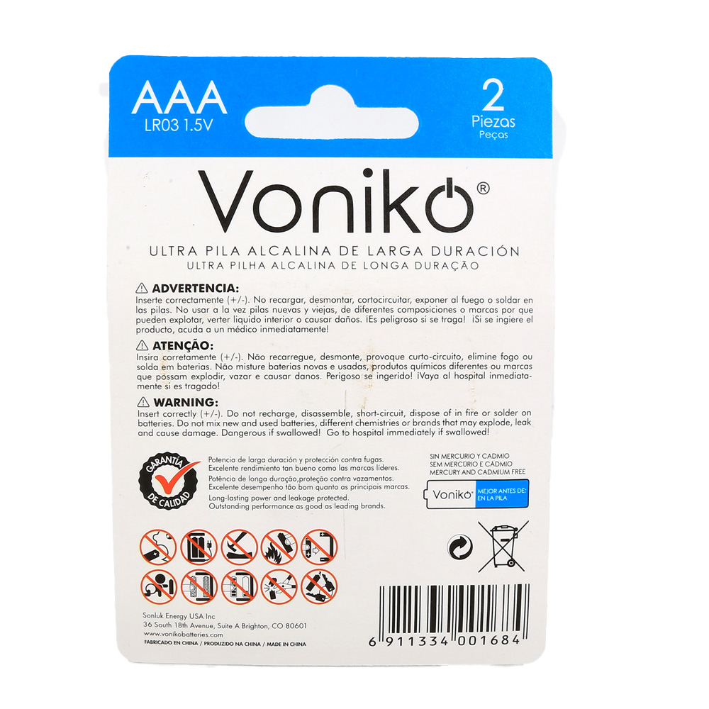 VONIKO - Pilas AAA de grado de alta calidad.